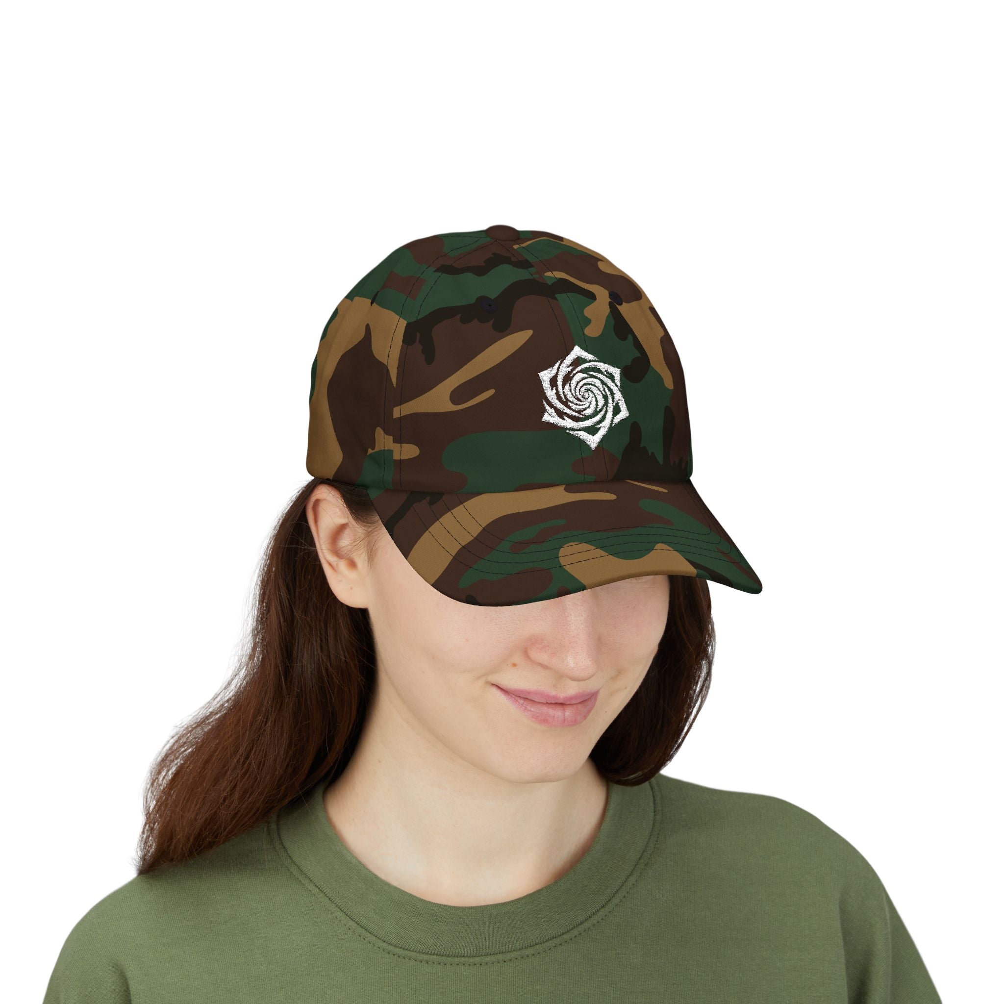 Dad Cap — Minimal White Spiral Rose Embroidered Hat. White Rose Resistance