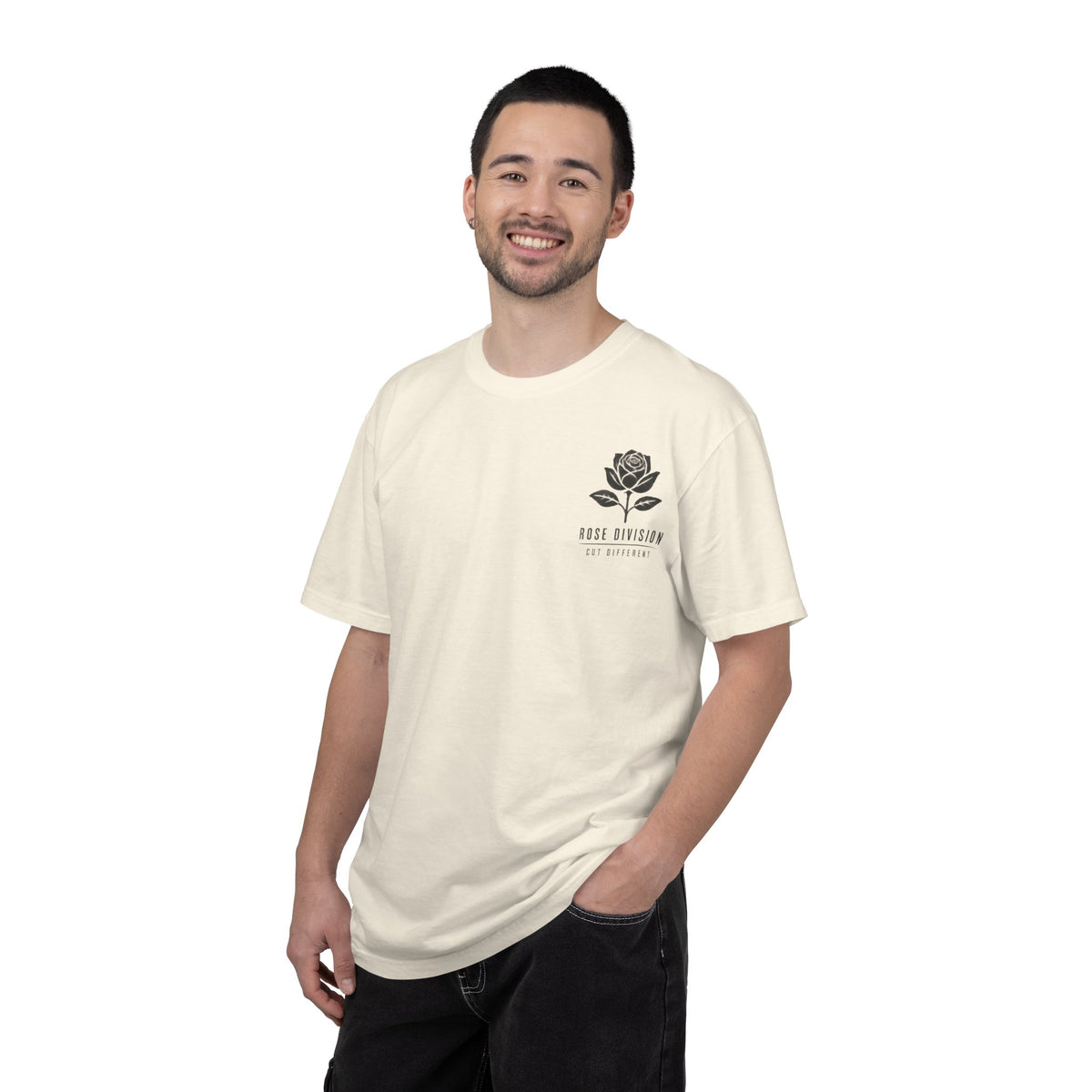Rose Division chest logo T-shirt | small rose graphic, minimalist botanical tee