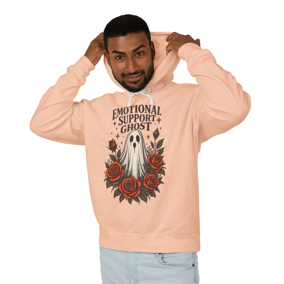 Emotional Support Ghost Hoodie | Ghost with Red Roses Sweatshirt