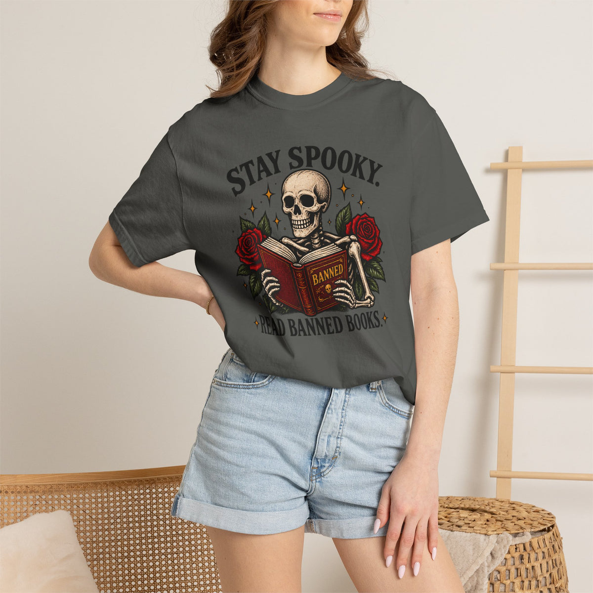 Stay Spooky Read Banned Books T-shirt | Skull, Roses, Book