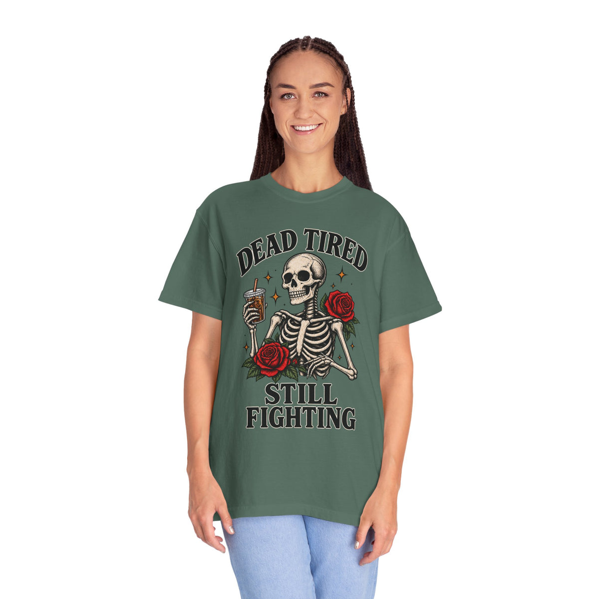Dead Tired Still Fighting skeleton graphic T-Shirt | skull roses caffeine design