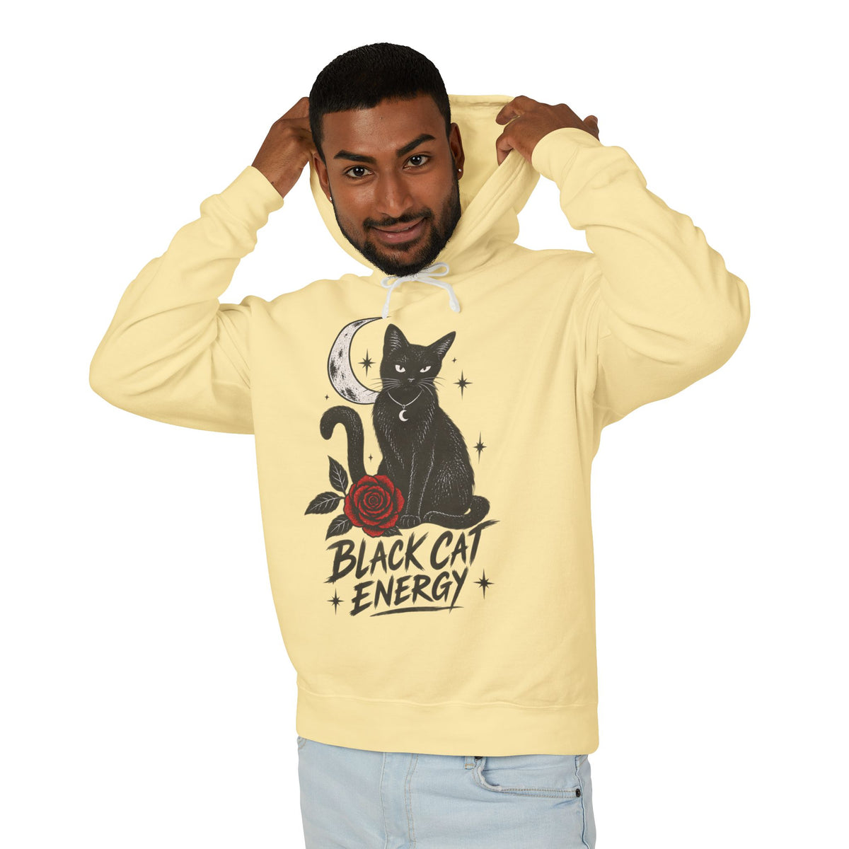 Black Cat Energy Unisex Lightweight Hooded Sweatshirt