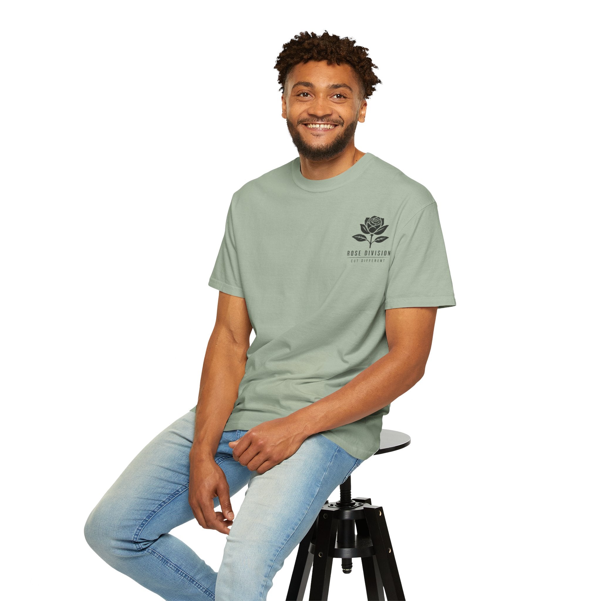 Rose Division chest logo T-shirt | small rose graphic, minimalist botanical tee