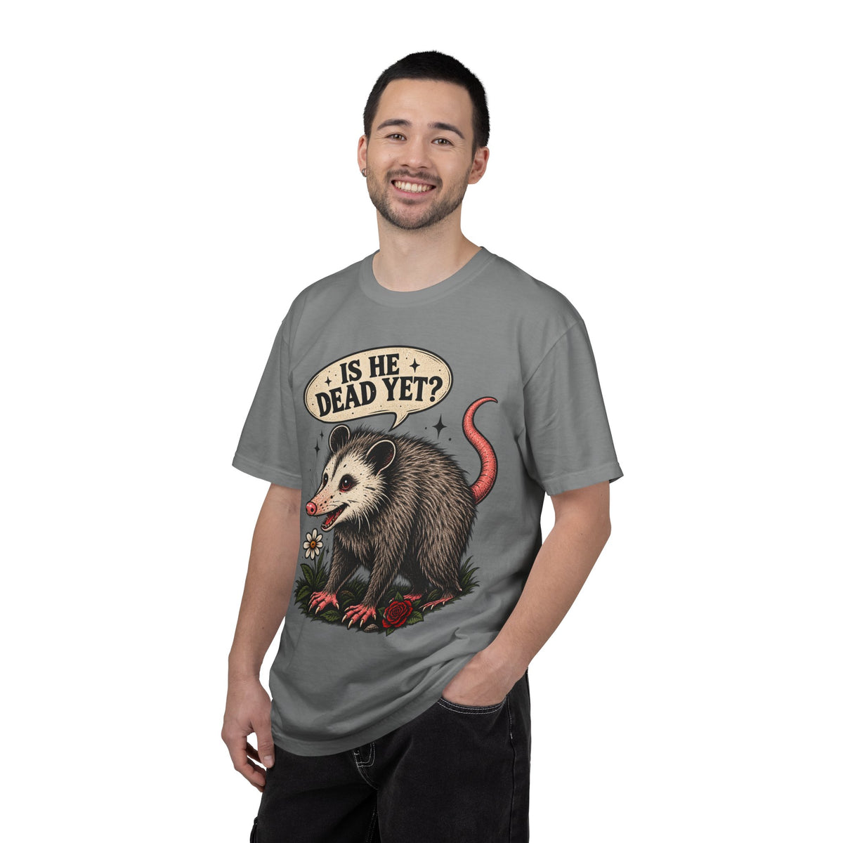 Is He Dead Yet? Opossum Graphic T-Shirt | Retro Animal Illustration