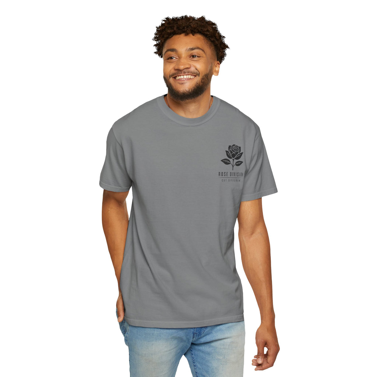 Rose Division chest logo T-shirt | small rose graphic, minimalist botanical tee