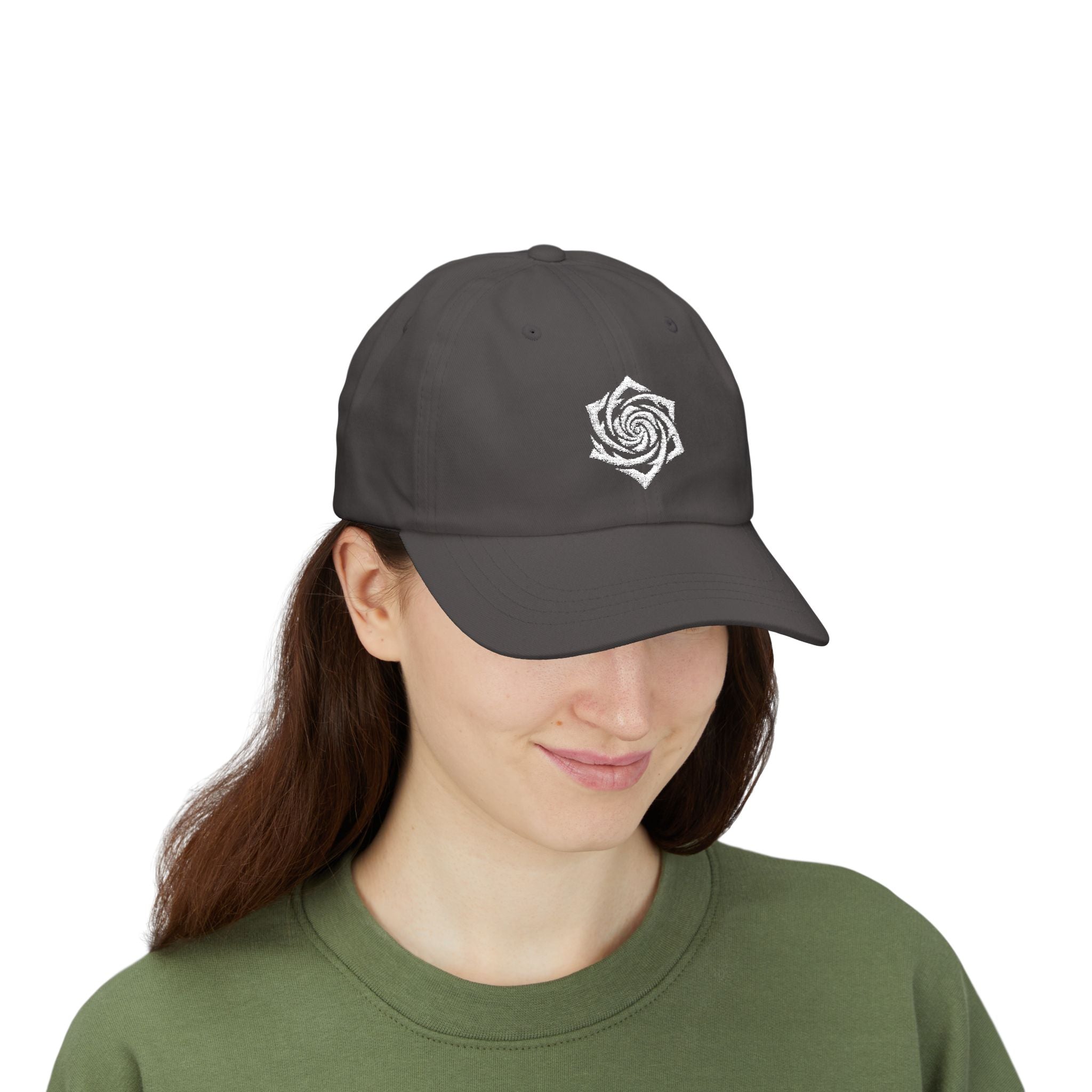 Dad Cap — Minimal White Spiral Rose Embroidered Hat. White Rose Resistance