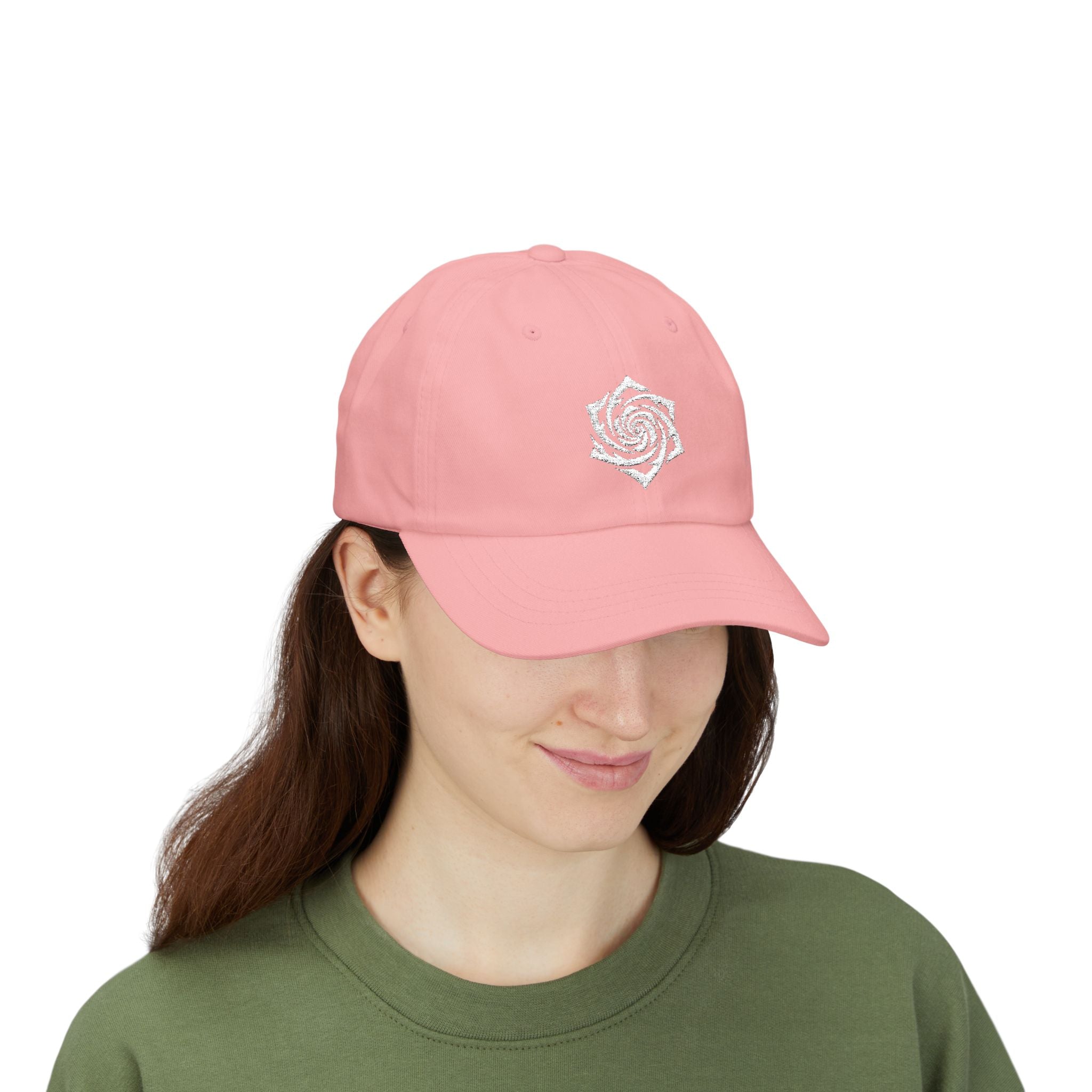 Dad Cap — Minimal White Spiral Rose Embroidered Hat. White Rose Resistance