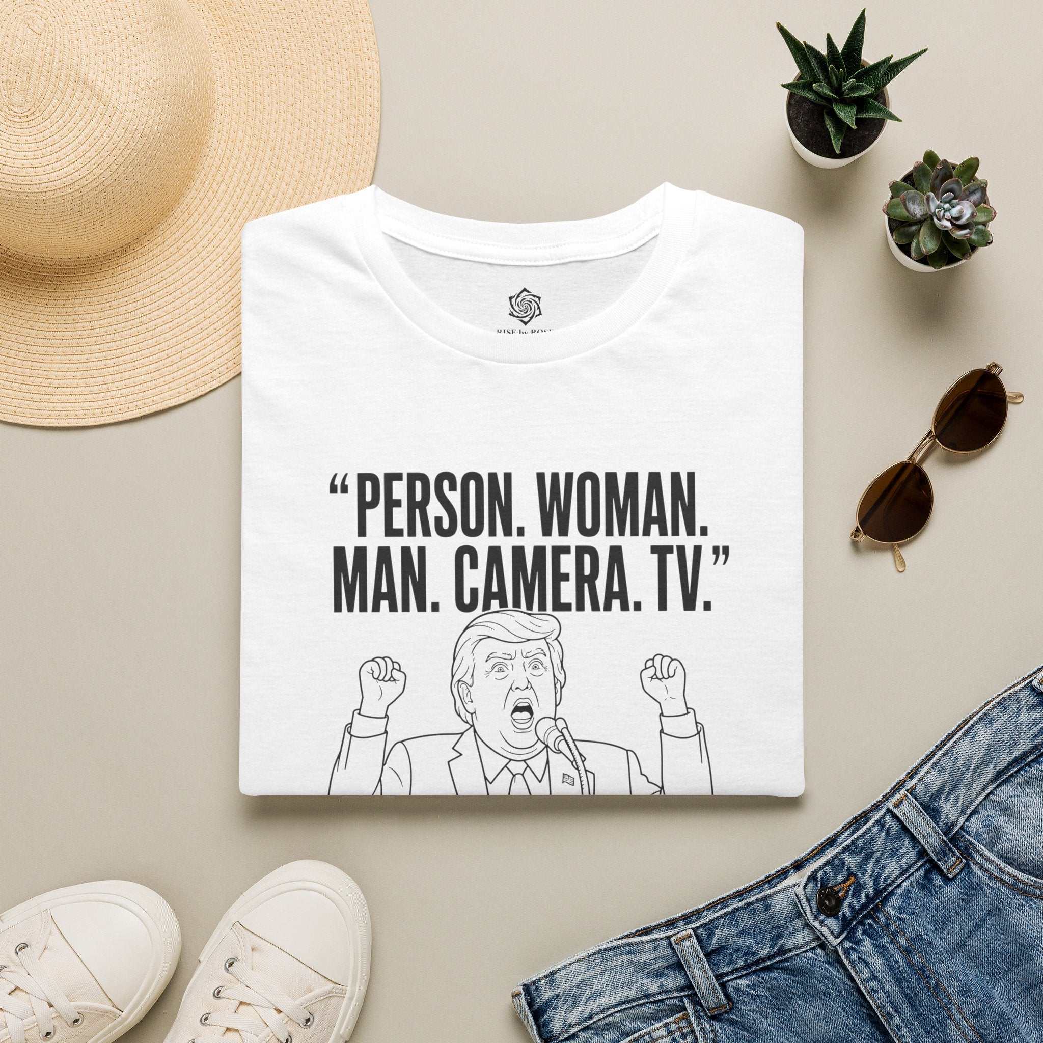 Trump- Person. Woman. Man. Camera. TV. Political Satire Quote T-Shirt | Line Art Speaker Illustration