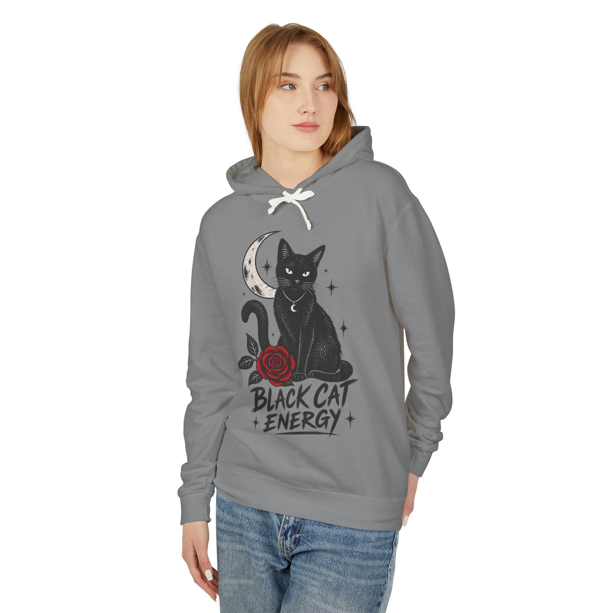 Black Cat Energy Unisex Lightweight Hooded Sweatshirt