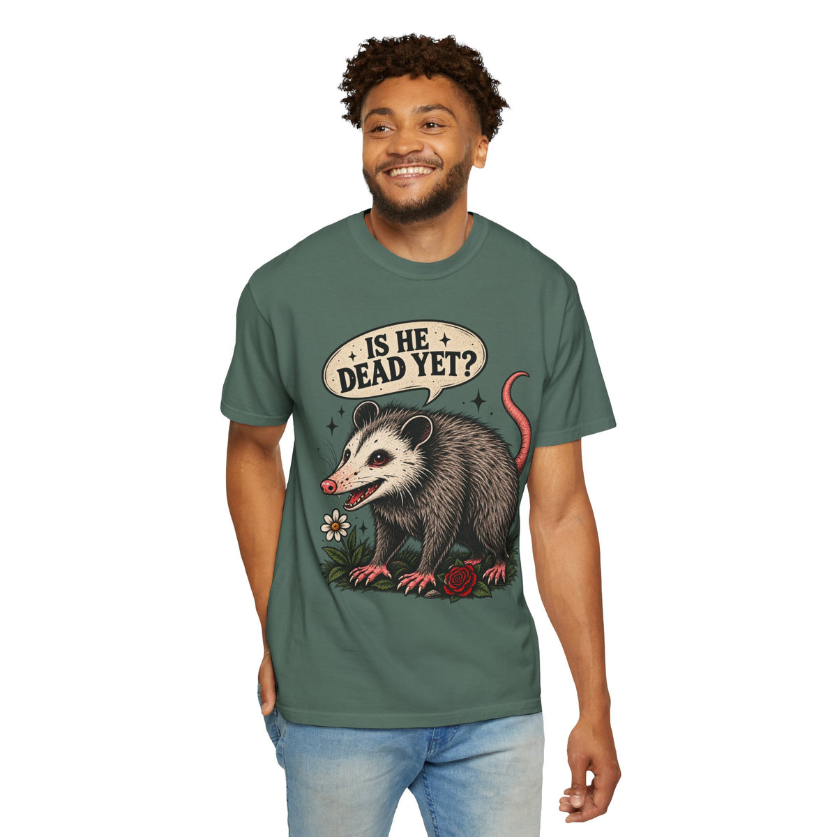 Is He Dead Yet? Opossum Graphic T-Shirt | Retro Animal Illustration
