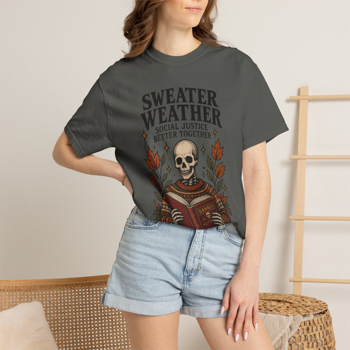 Sweater Weather skull reading book T-Shirt | autumn leaves, cozy sweater design