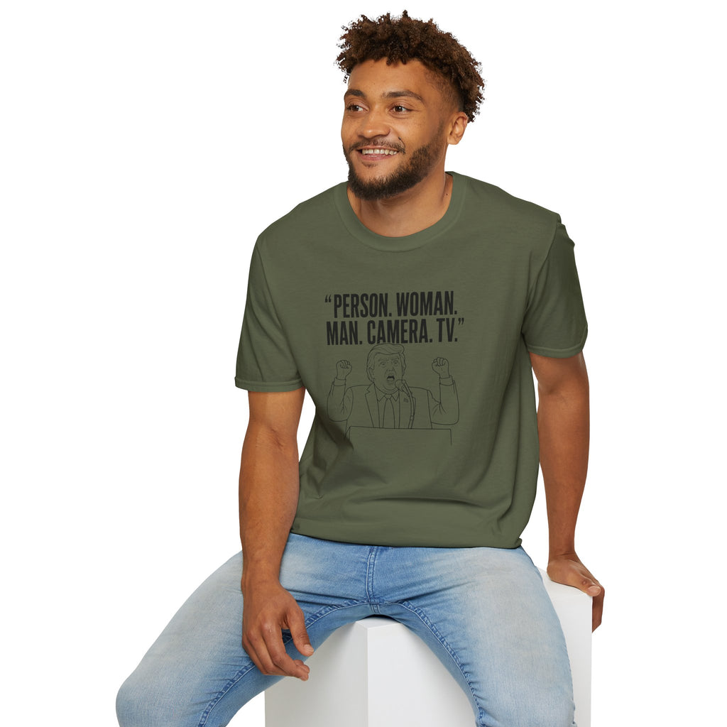 Trump- Person. Woman. Man. Camera. TV. Political Satire Quote T-Shirt | Line Art Speaker Illustration