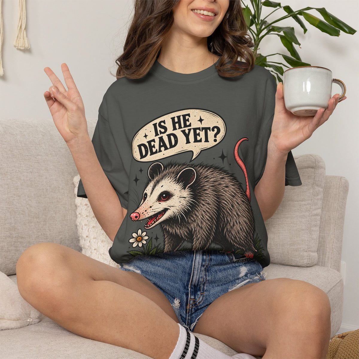 Is He Dead Yet? Opossum Graphic T-Shirt | Retro Animal Illustration