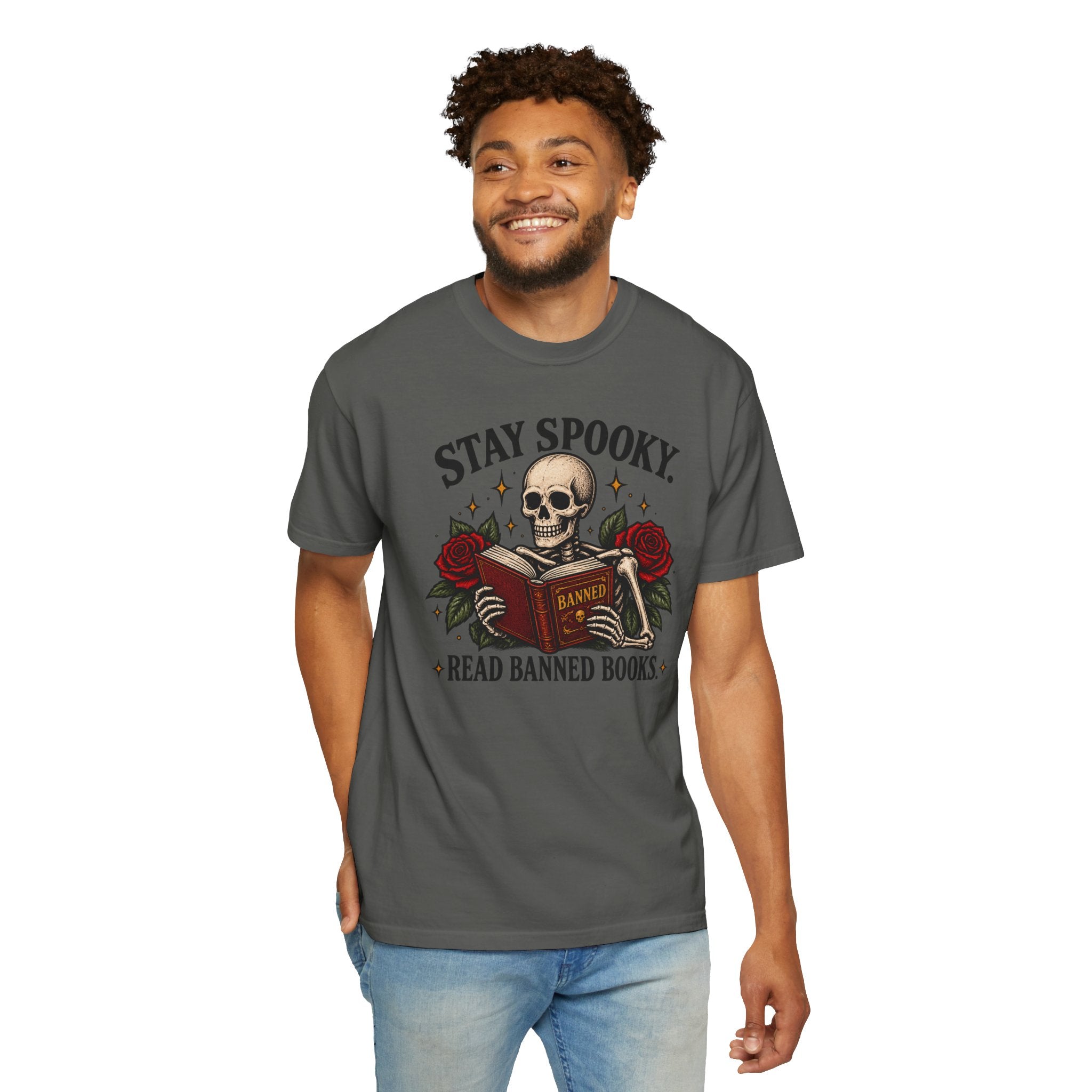 Stay Spooky Read Banned Books T-shirt | Skull, Roses, Book