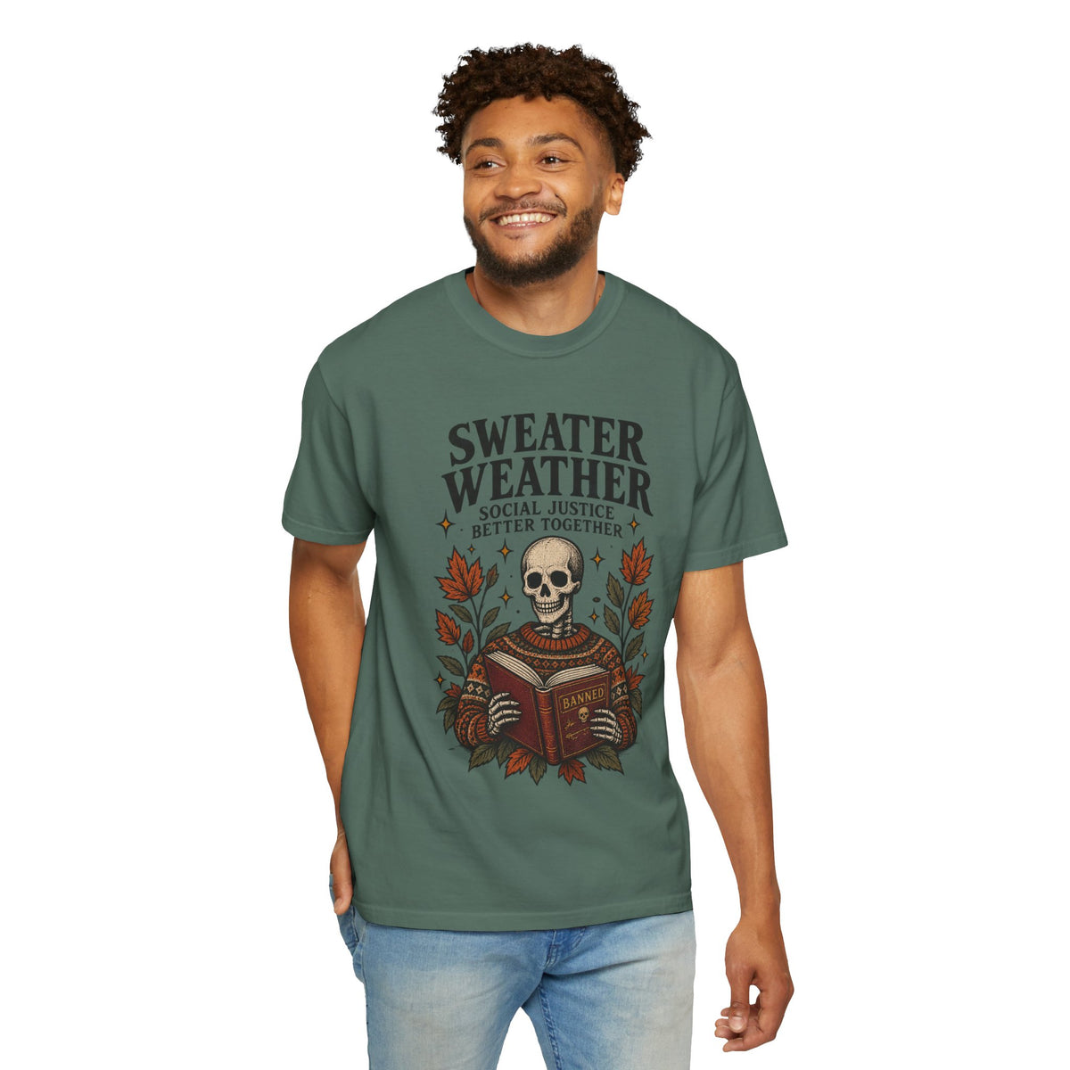 Sweater Weather skull reading book T-Shirt | autumn leaves, cozy sweater design