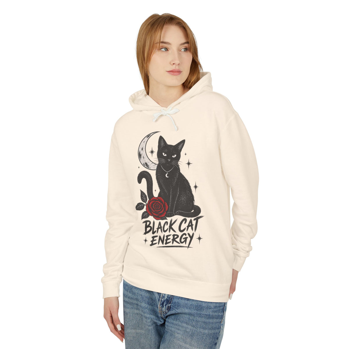 Black Cat Energy Unisex Lightweight Hooded Sweatshirt