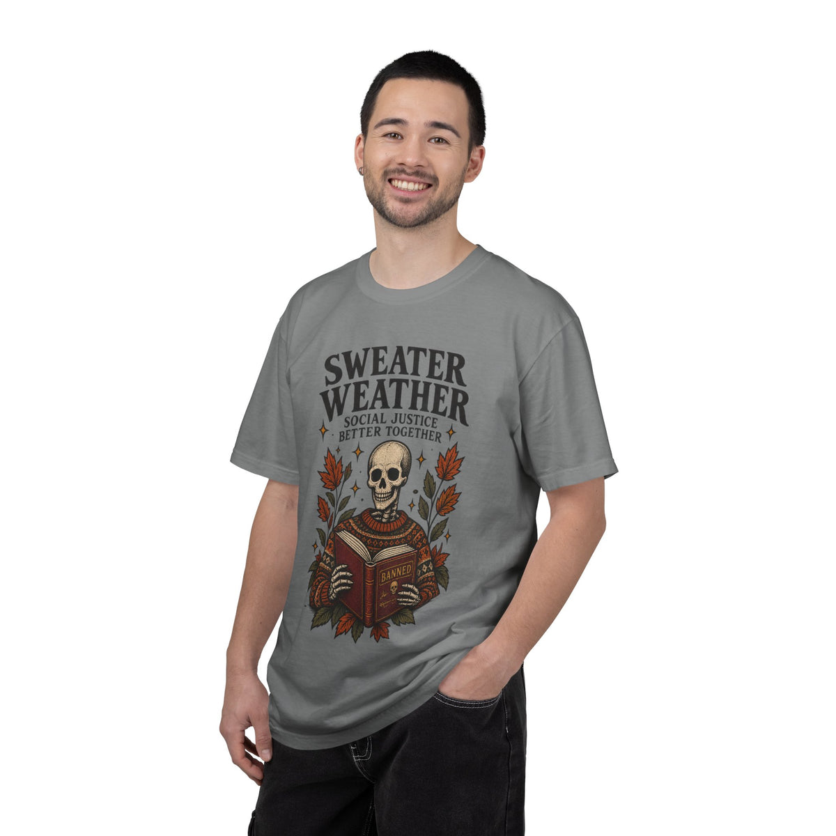 Sweater Weather skull reading book T-Shirt | autumn leaves, cozy sweater design
