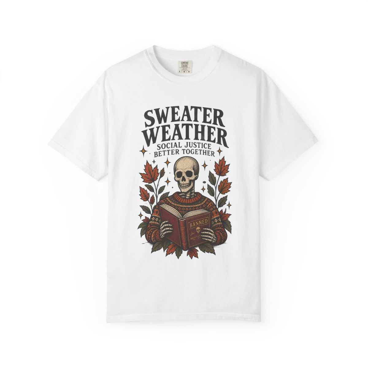Sweater Weather skull reading book T-Shirt | autumn leaves, cozy sweater design