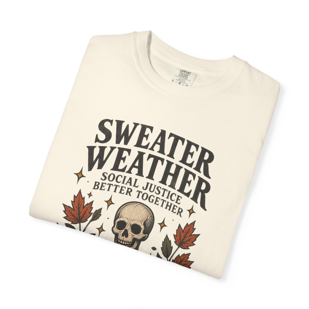 Sweater Weather skull reading book T-Shirt | autumn leaves, cozy sweater design