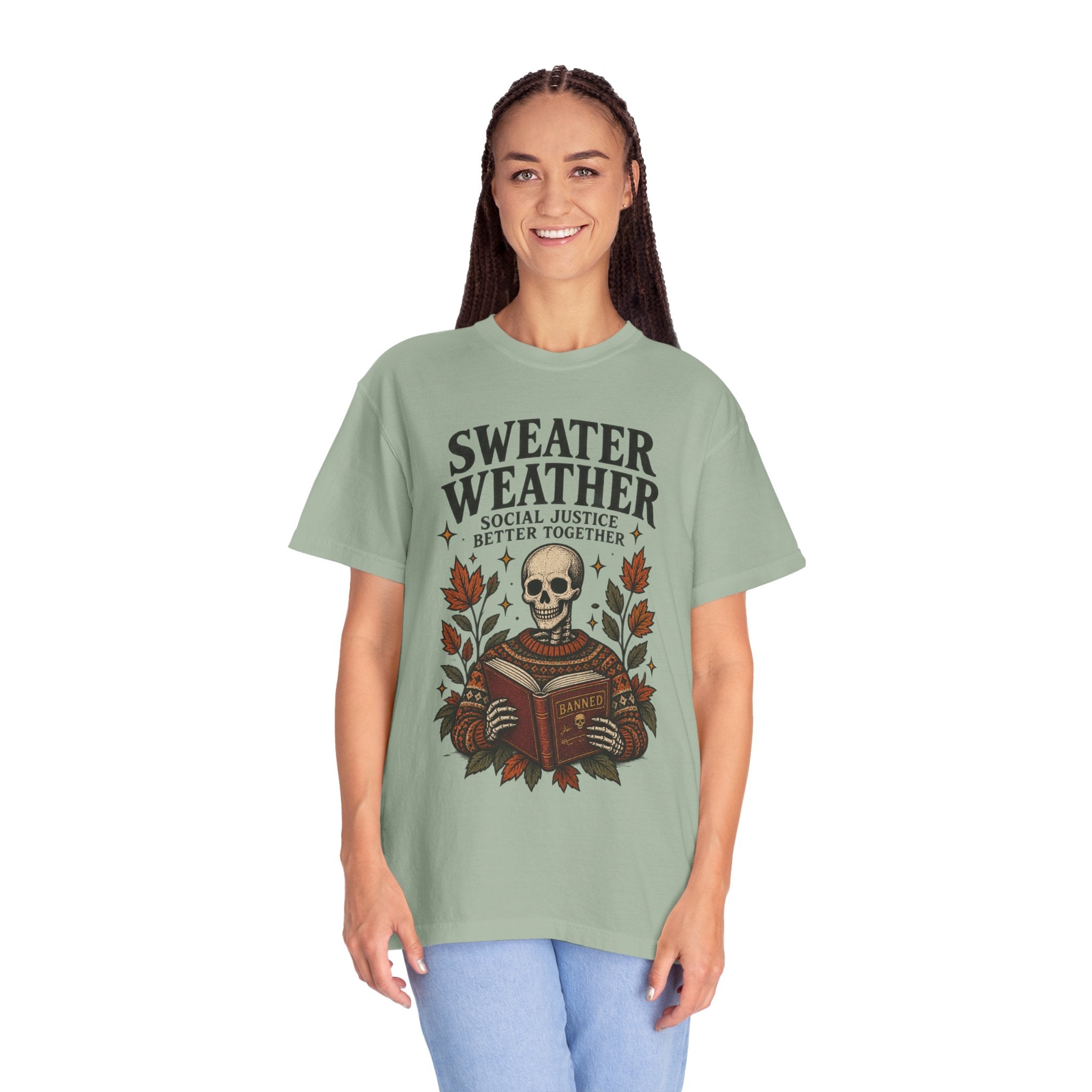 Sweater Weather skull reading book T-Shirt | autumn leaves, cozy sweater design