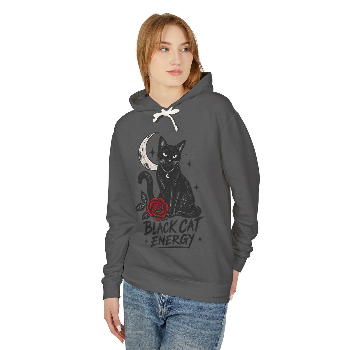 Black Cat Energy Unisex Lightweight Hooded Sweatshirt