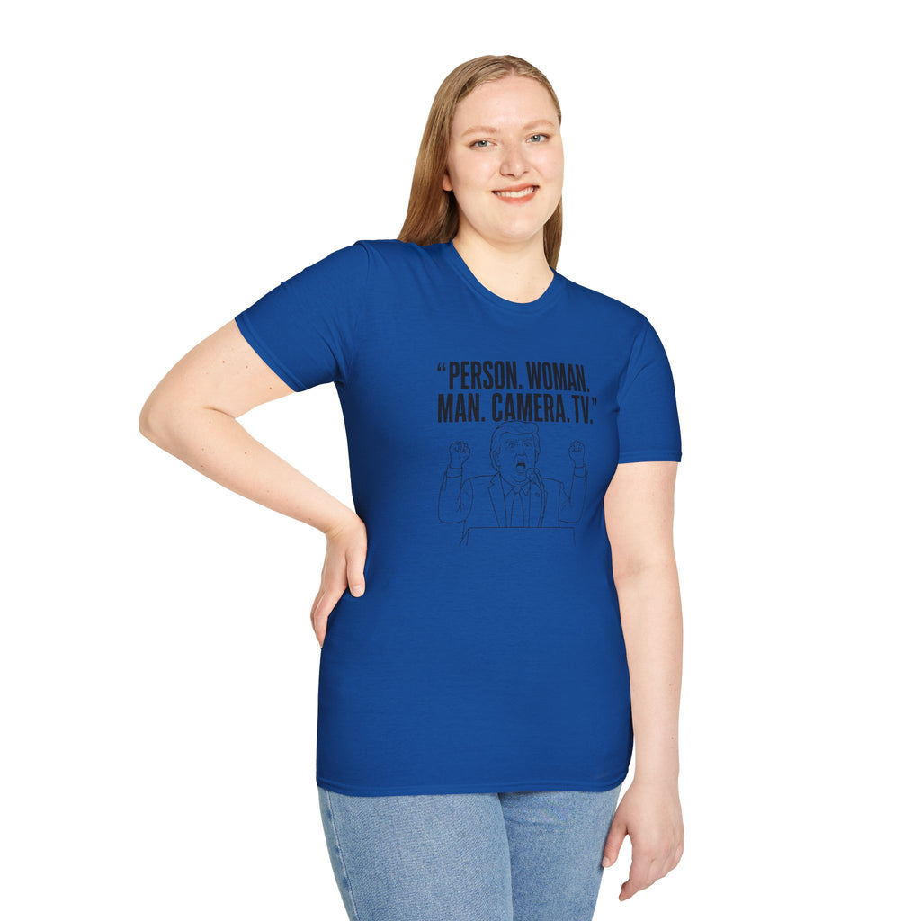 Trump- Person. Woman. Man. Camera. TV. Political Satire Quote T-Shirt | Line Art Speaker Illustration