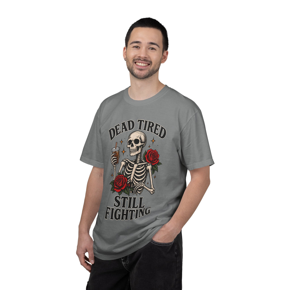 Dead Tired Still Fighting skeleton graphic T-Shirt | skull roses caffeine design