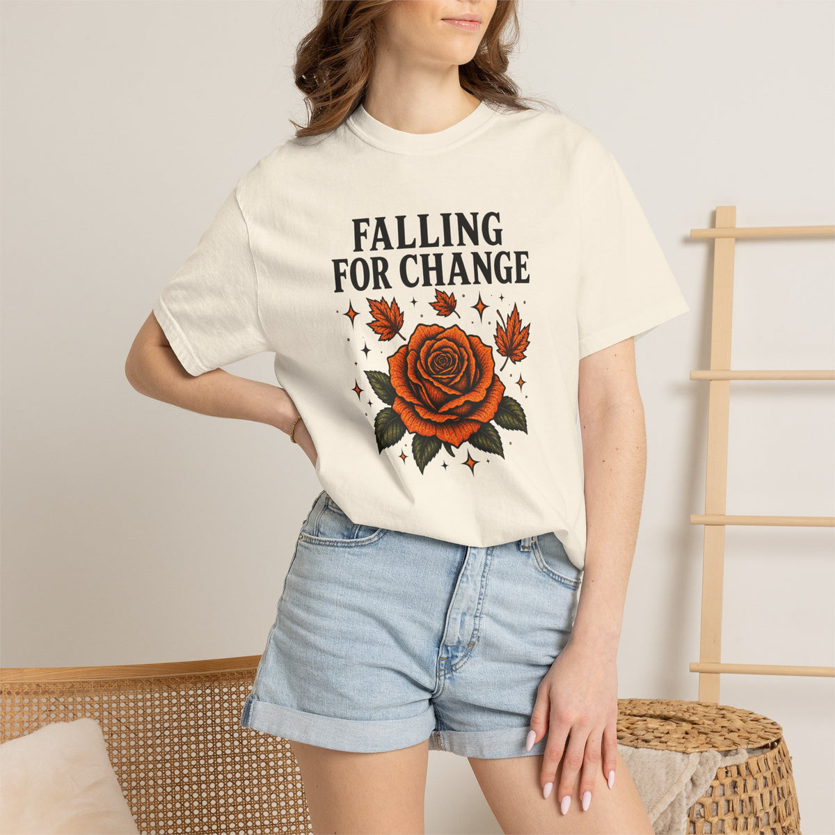 Falling For Change Rose Illustration T-Shirt | Autumn Leaves, Orange Floral