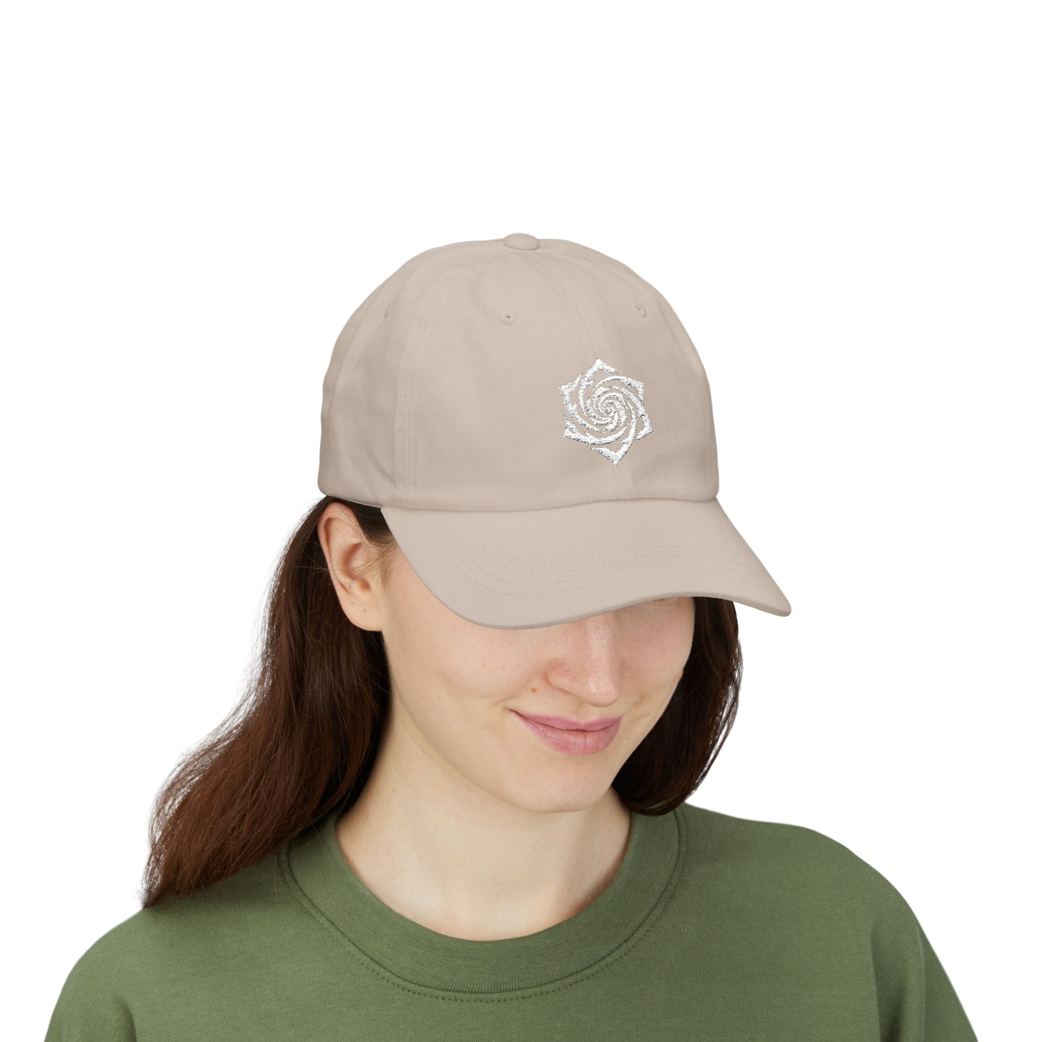 Dad Cap — Minimal White Spiral Rose Embroidered Hat. White Rose Resistance