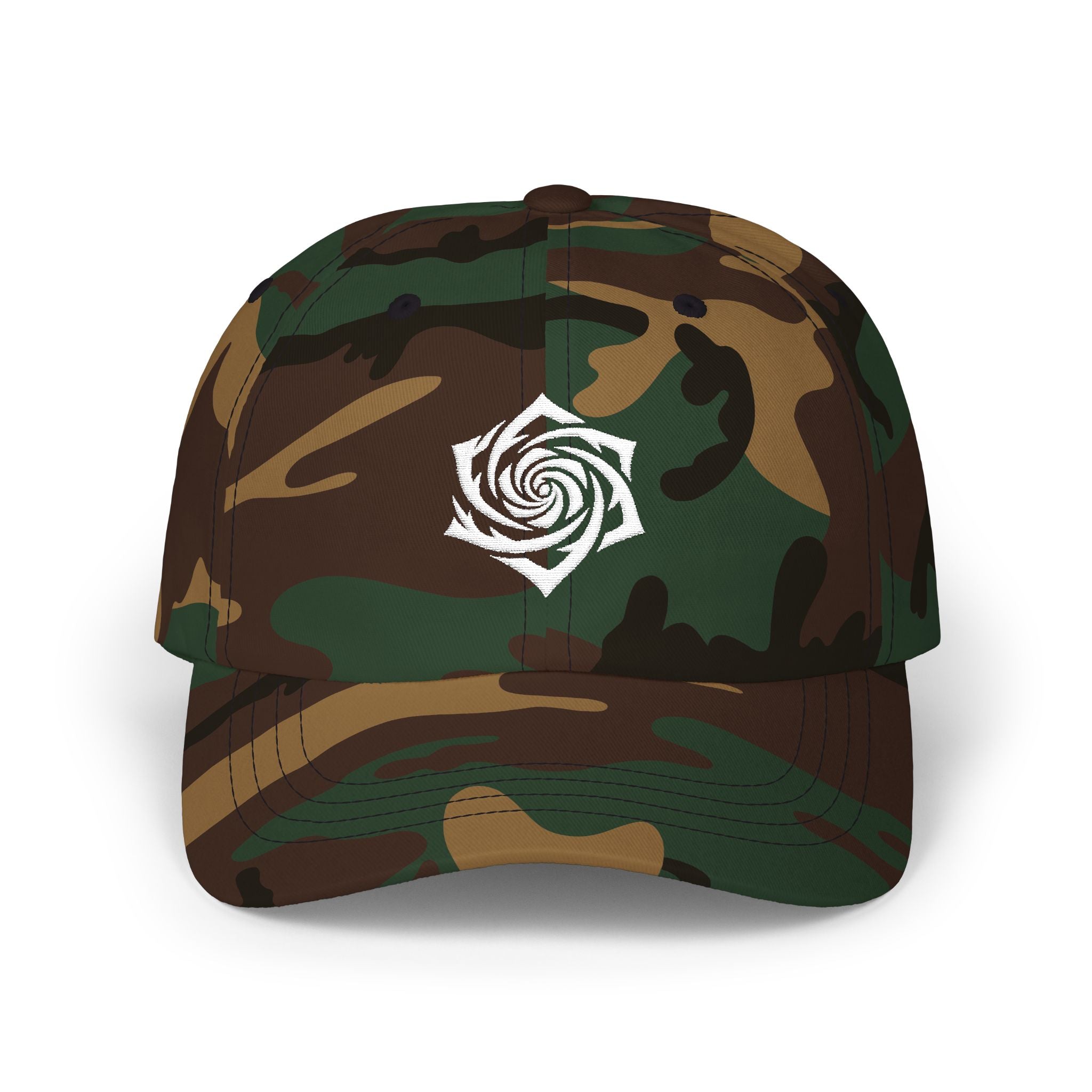 Dad Cap — Minimal White Spiral Rose Embroidered Hat. White Rose Resistance