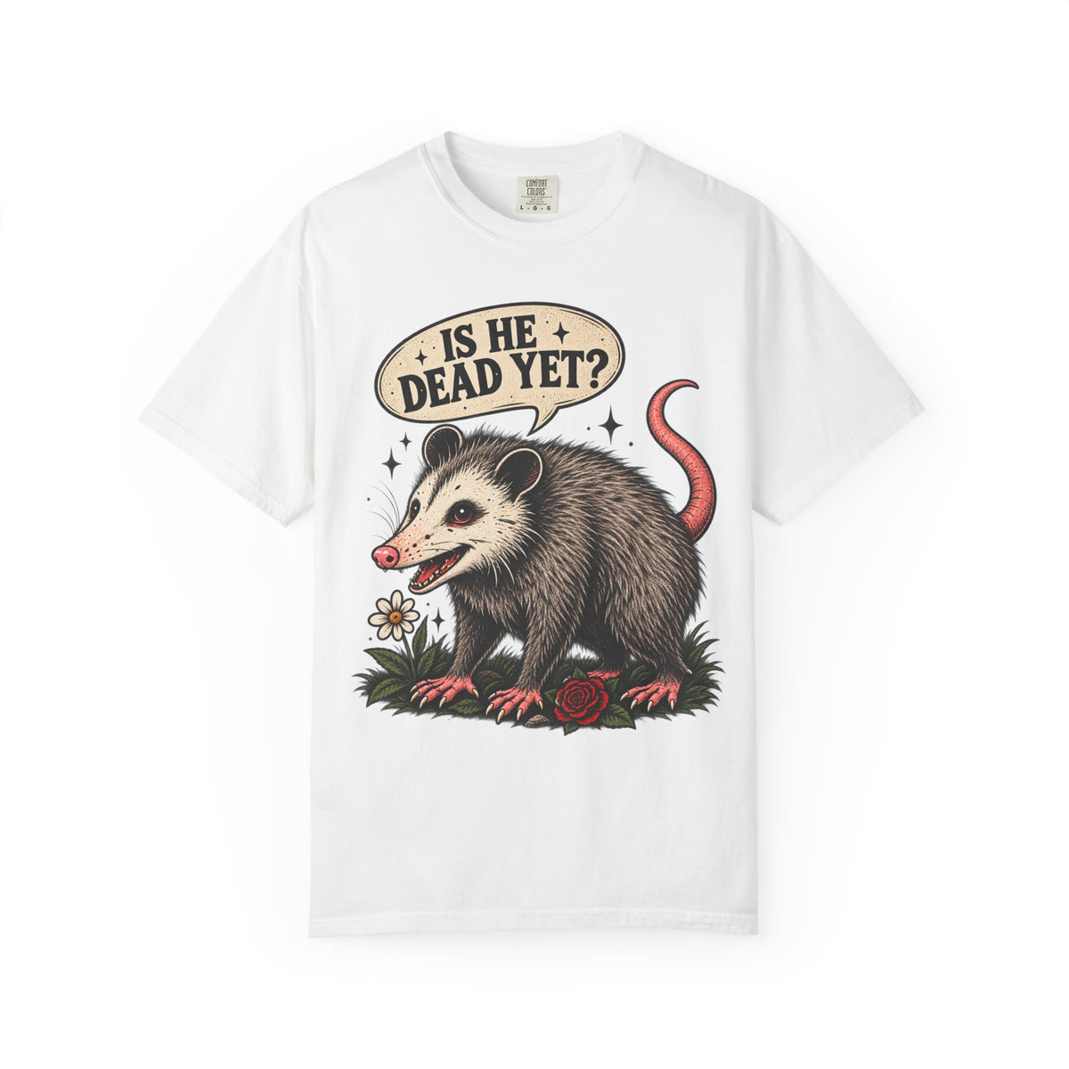 Is He Dead Yet? Opossum Graphic T-Shirt | Retro Animal Illustration