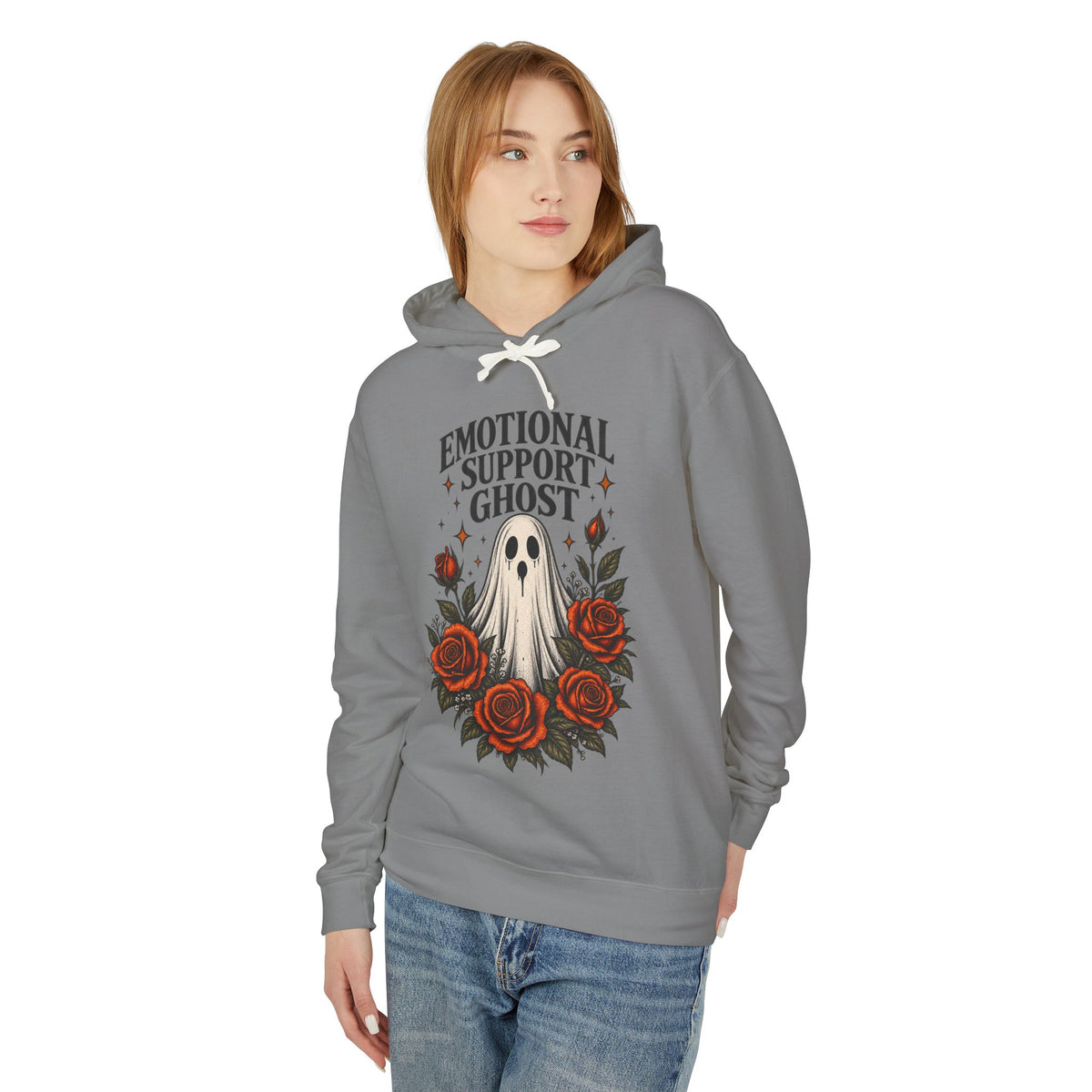Emotional Support Ghost Hoodie | Ghost with Red Roses Sweatshirt