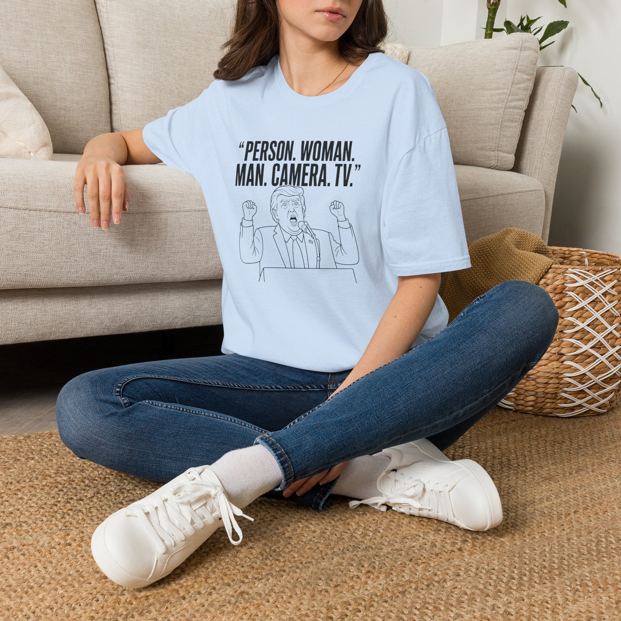 Trump- Person. Woman. Man. Camera. TV. Political Satire Quote T-Shirt | Line Art Speaker Illustration