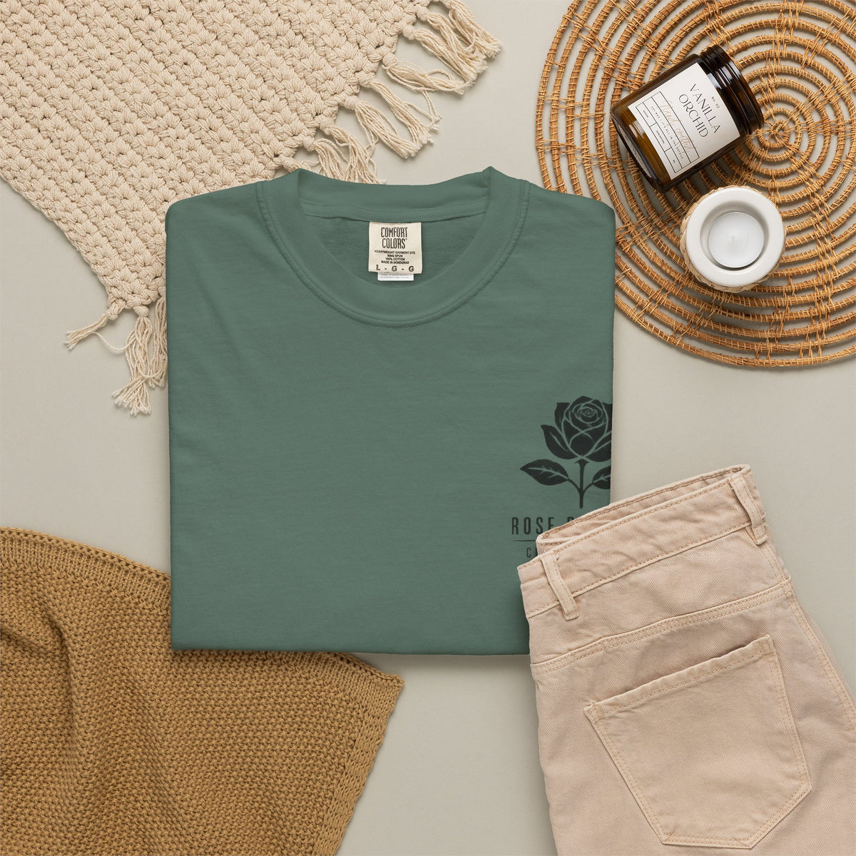 Rose Division chest logo T-shirt | small rose graphic, minimalist botanical tee