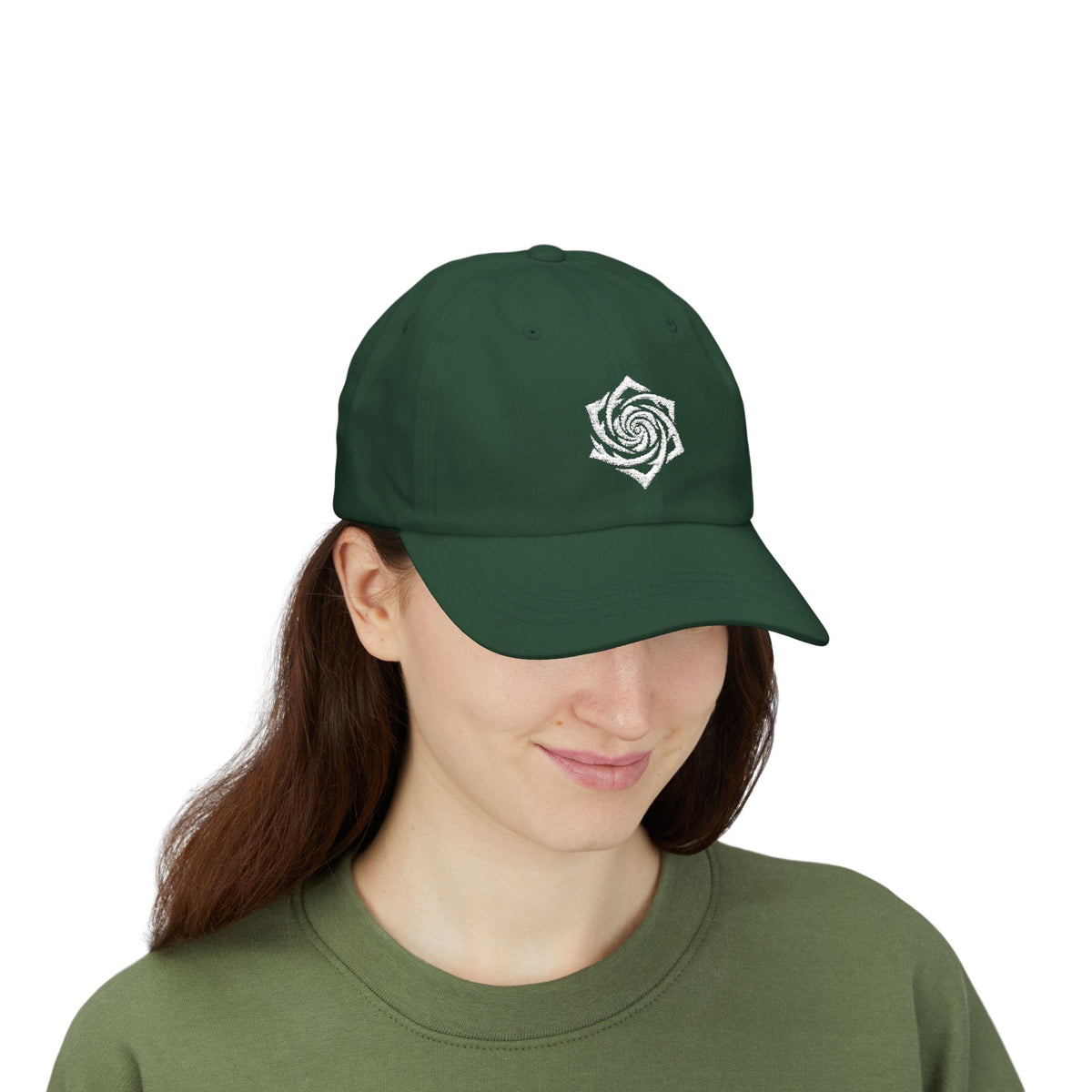 Dad Cap — Minimal White Spiral Rose Embroidered Hat. White Rose Resistance