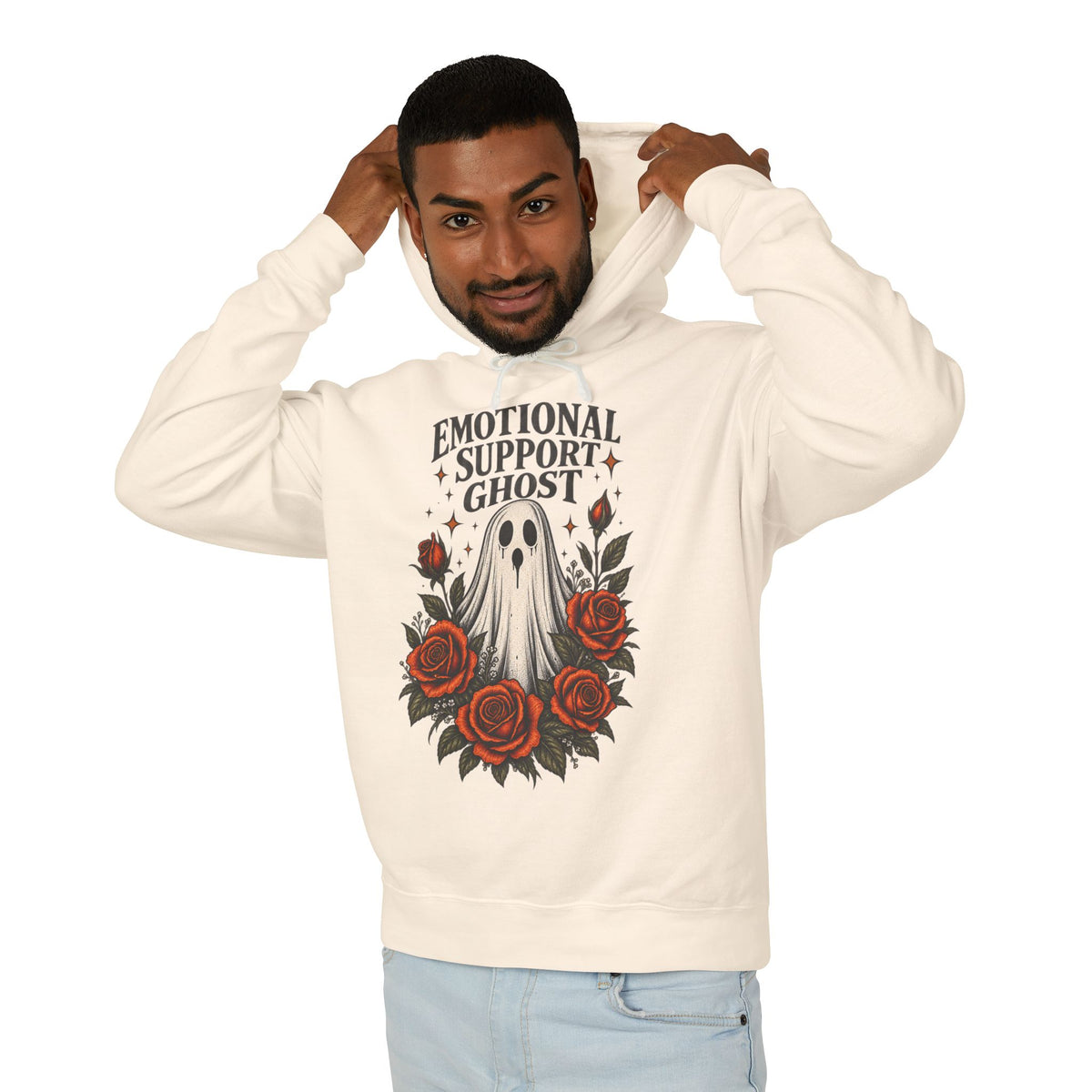 Emotional Support Ghost Hoodie | Ghost with Red Roses Sweatshirt