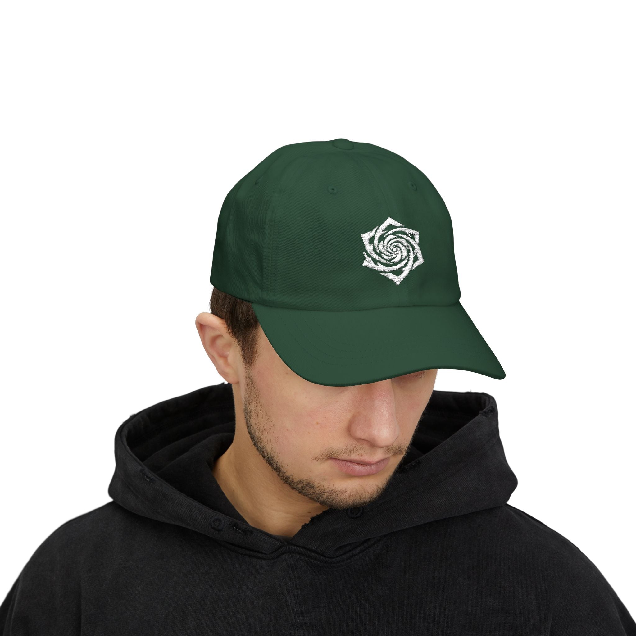 Dad Cap — Minimal White Spiral Rose Embroidered Hat. White Rose Resistance